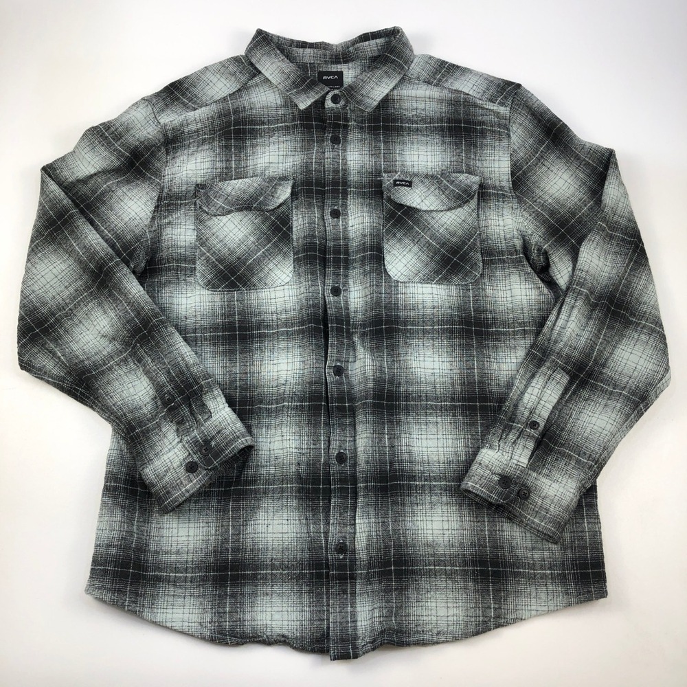 RVCA Flannel Shirt Jacket Mens XXL Regular Fit Black Grey Plaid Button Down EUC